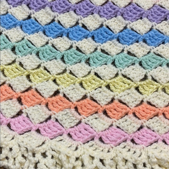 Handmade Crochet Baby Blanket & Hat Set – Pastel Rainbow with Lace Trim - Picture 10 of 10